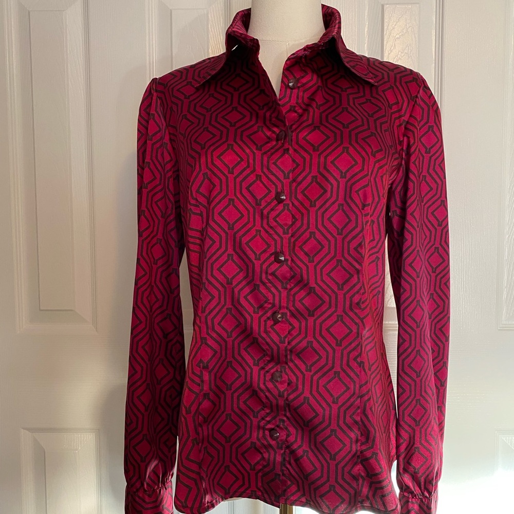 Mexx Pink and Black Geometric Button Down Shirt that feels satiny smooth